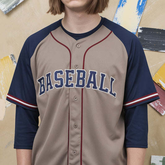 Brown Jersey with Dark Blue Short Sleeves and Embroidery